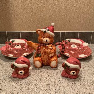 NEW! SET Holiday BEARS Collectible Teapot, Salt & Pepper, Serving Platters